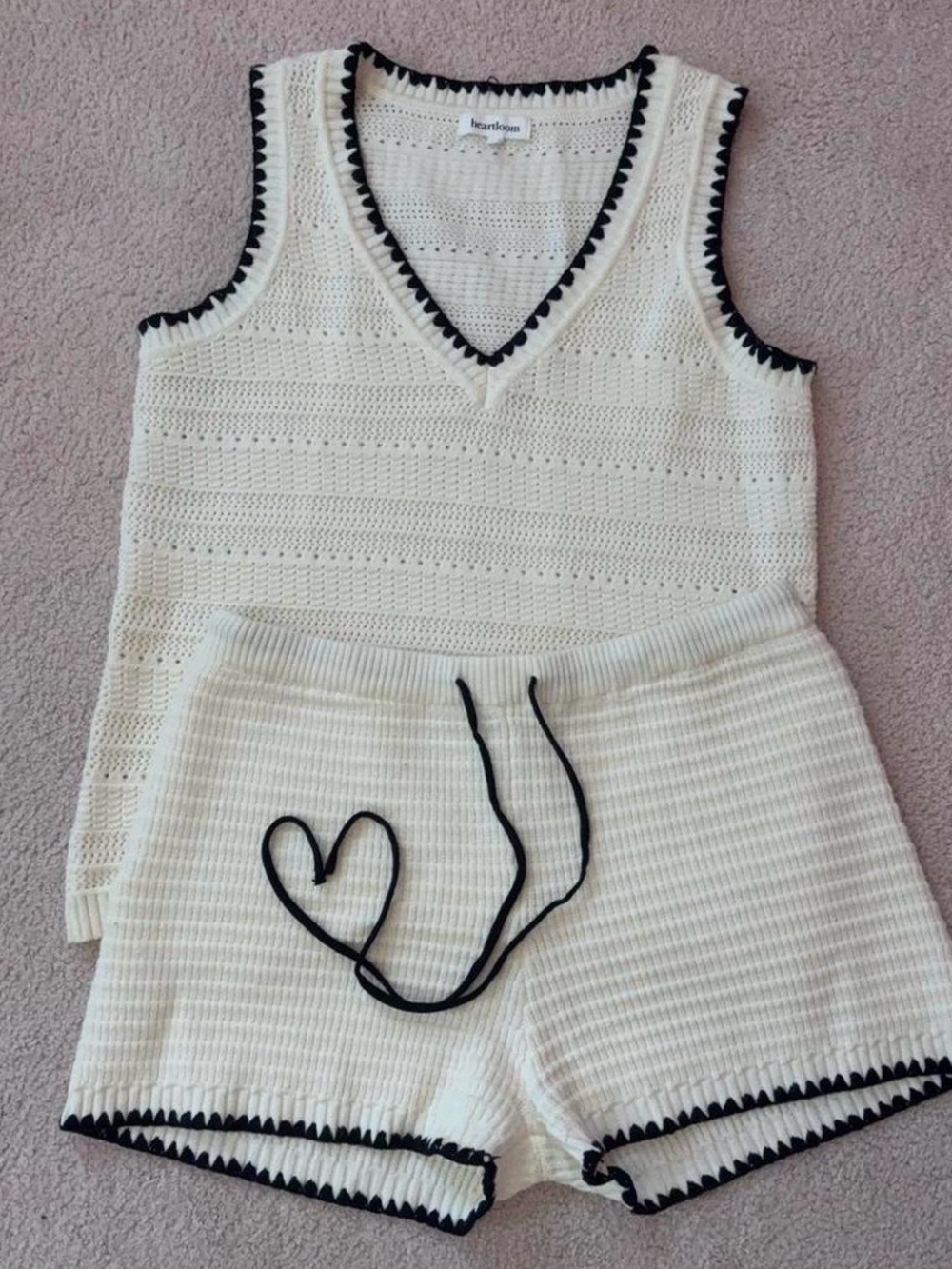NWOT Heartloom Cream Crochet Knit Tank & Shorts Set with Black Trim